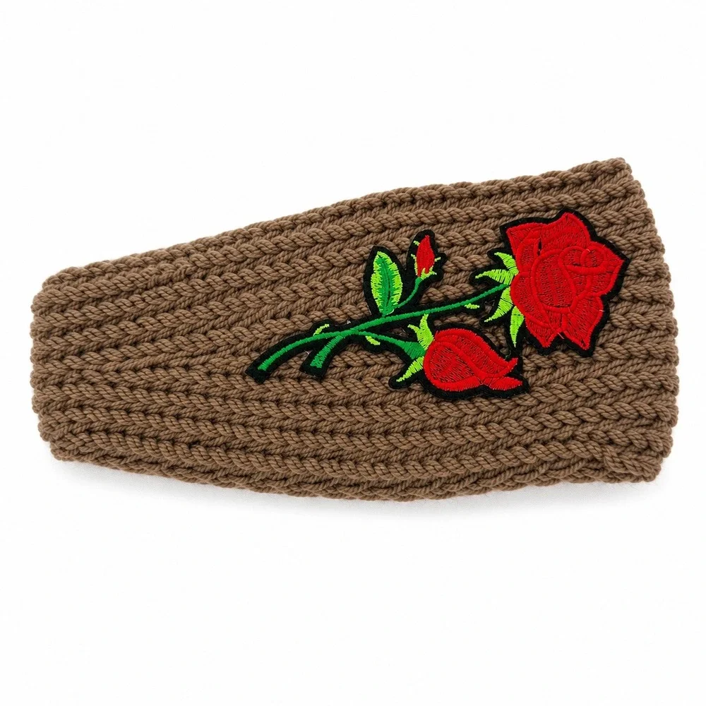 New Rose Embroidered Knit Headband Ear Warmer Brown Floral WT-510R